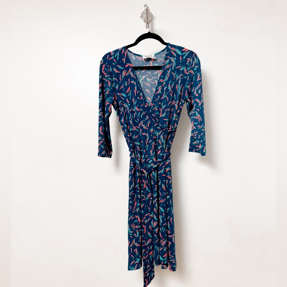 Leota Mixed Print Spring Summer Casual Chic Faux Wrap Midi Dress Blue Medium
